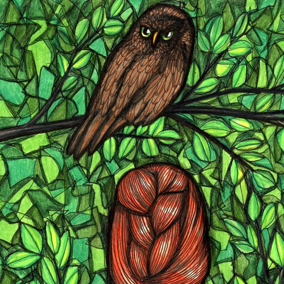 Leigh Ann Lauderbaugh Other - original drawing, art sale, owl, hair, woman, forest, hand made, art, figure